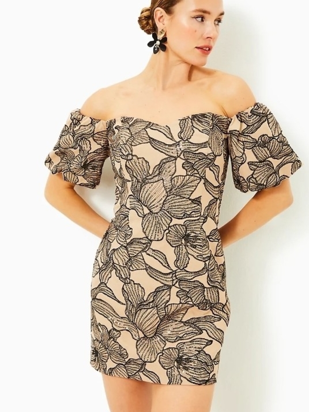 NANCI SKIRTED ROMPER, WICKER TAN EMBROIDERED SEQUIN EXPLODED FLORA NWT Sz 8